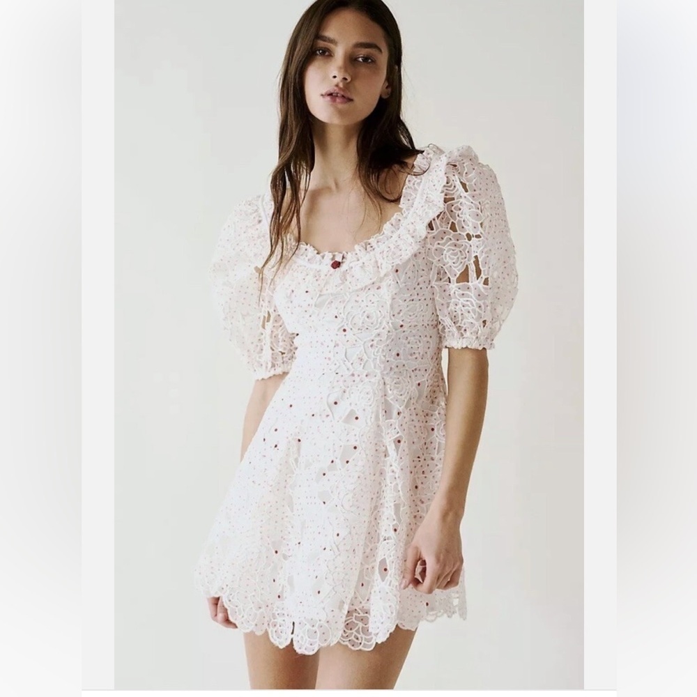 For Love & Lemons White Eyelet Puff-Sleeve Mini Dress